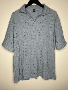 Manfinity Men’s M Textured Open Knit Polo Shirt Blue Short Sleeve Oversized